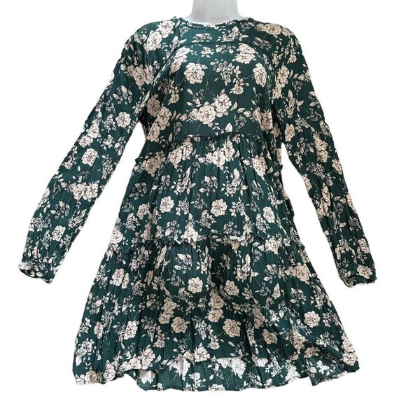 NWT Knox Rose Forest Green Boho Floral Festival Babydoll Long Sleeved Midi Dress - Picture 1 of 5